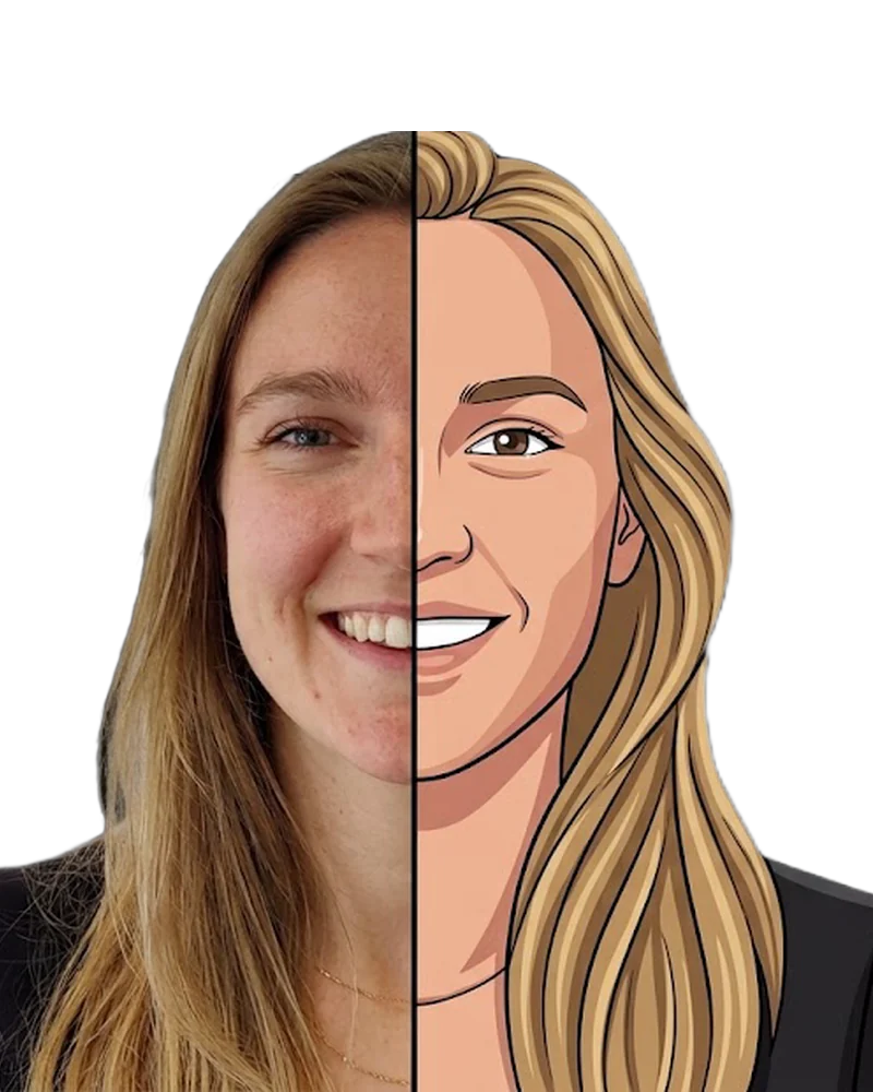 An-Katrien Huijghebaert, half photo and half Echo digital twin illustration