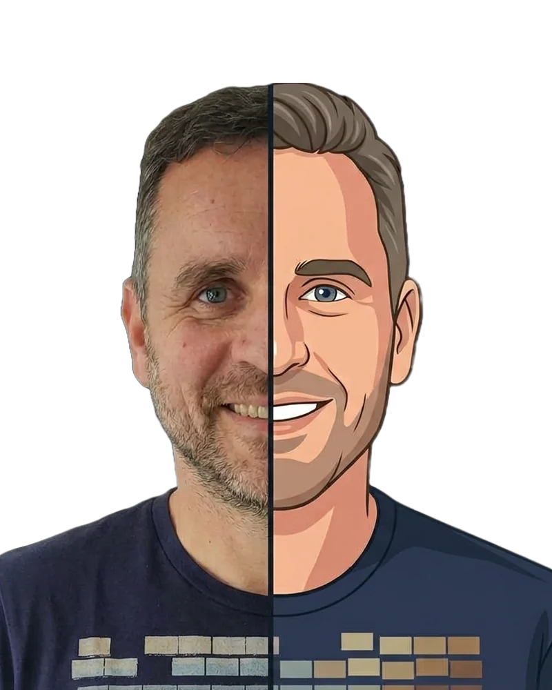 Wim Moons, half photo and half Echo digital twin illustration